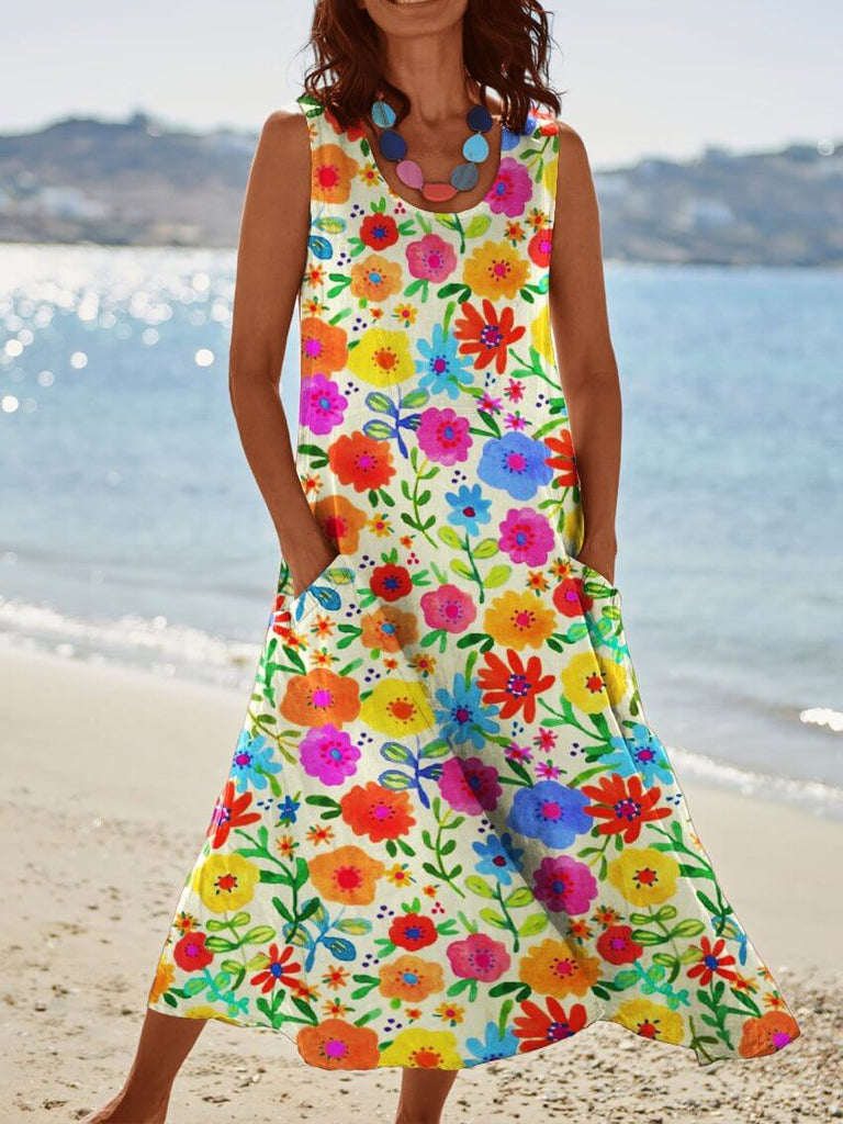 Colorful Small Flowers Print Womens Pocket Pinafore Linen Dress-DESTINY