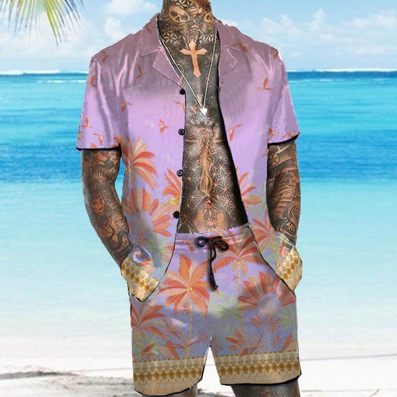 Men's Hawaiian Short Sleeve Shirt Shorts Set 80603509YM-DESTINY
