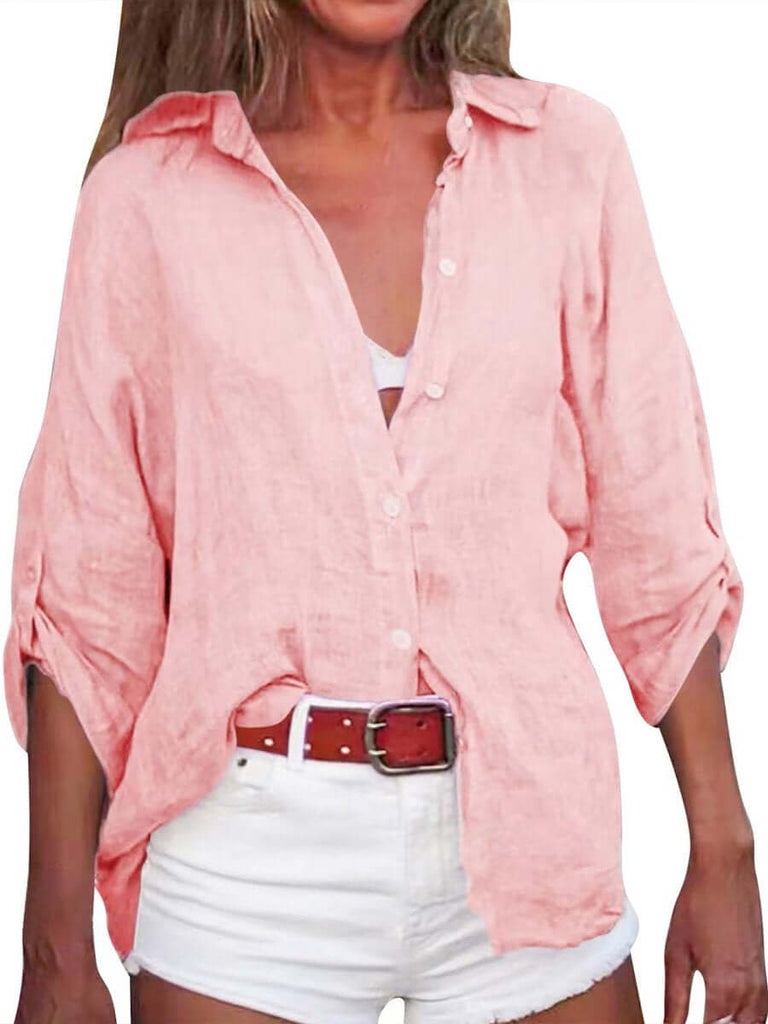 Women's Solid Color Cotton And Linen Loose Fit Shirt-DESTINY
