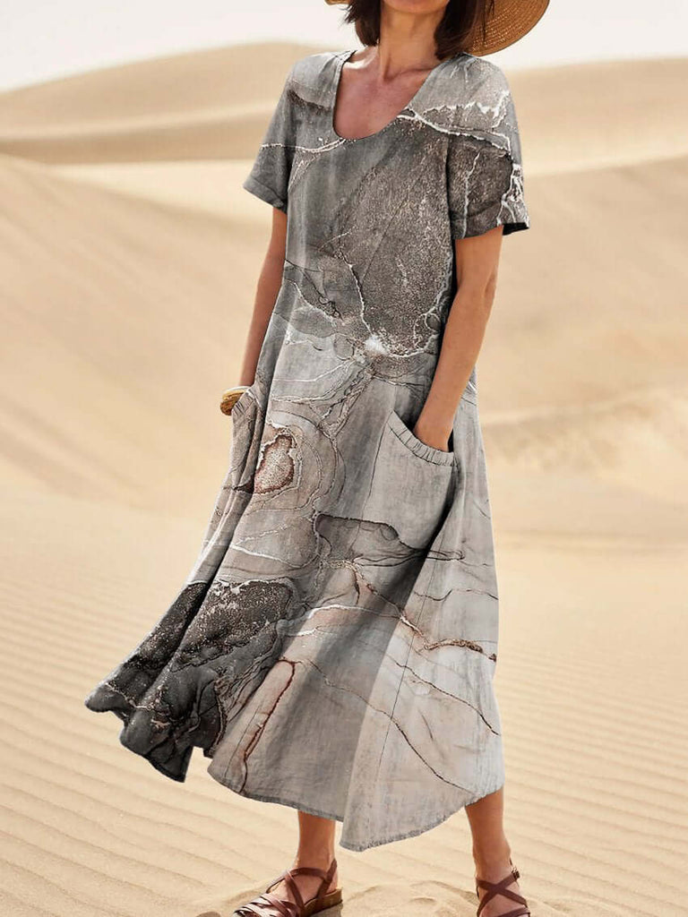 Women's Vintage Marble Texture Linen Pocket Dress-DESTINY