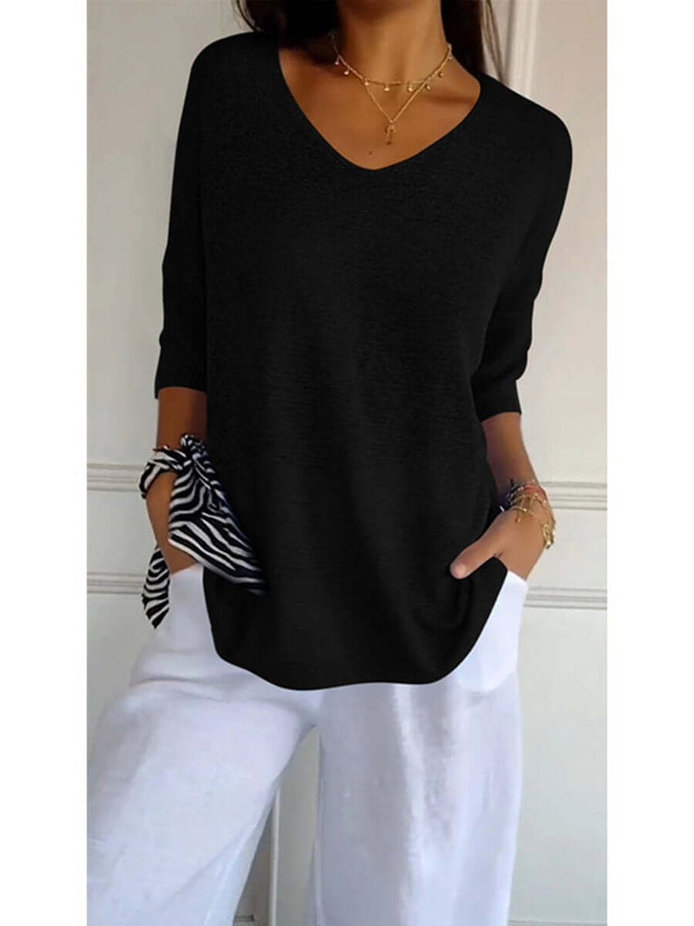 Women's Solid Color Knitted 3/4 Sleeve V-neck Top-DESTINY