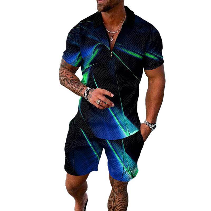 Men's 3D Printing POLO Shirt Lapel Zipper Short Sleeve + Casual Pants Set 12223148YM-DESTINY