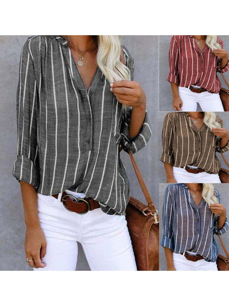 Women‘s Long Sleeve Blouse Ladies Fashion V-Neck Stripe Shirt-DESTINY