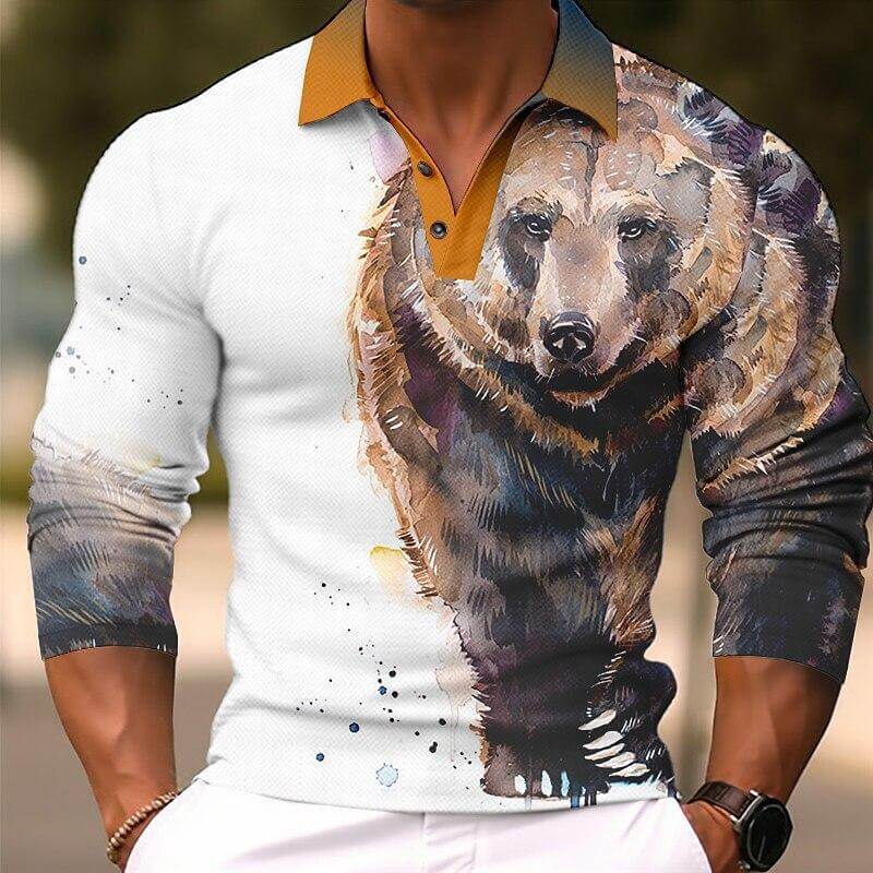Men's Fashion Bear 3d Printed Long Sleeve Polo Shirt 73323834YY-DESTINY