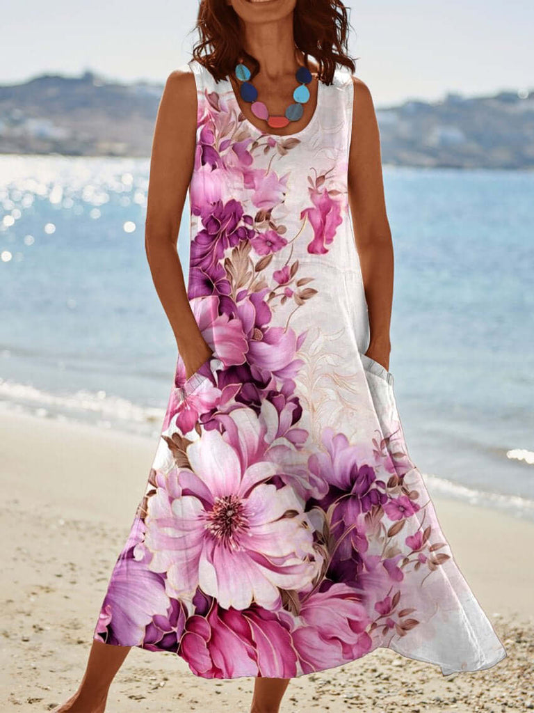 Women's Floral Art Print Casual Linen Dress-DESTINY