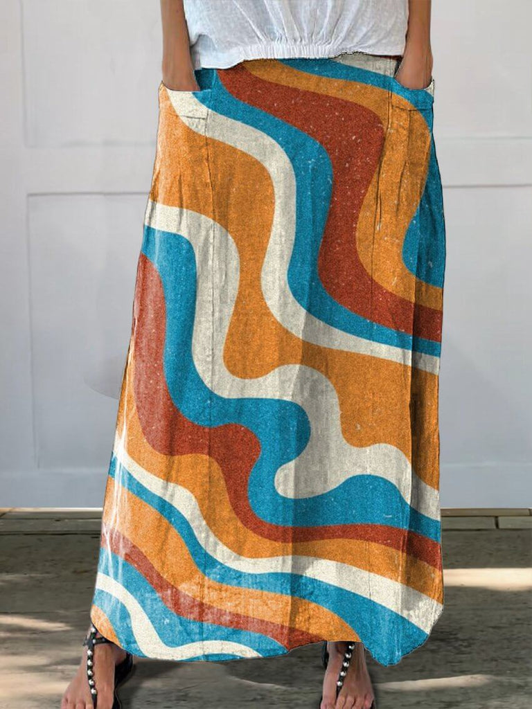 Women's Simple Color Splicing Casual Print Linen Pocket Skirt-DESTINY