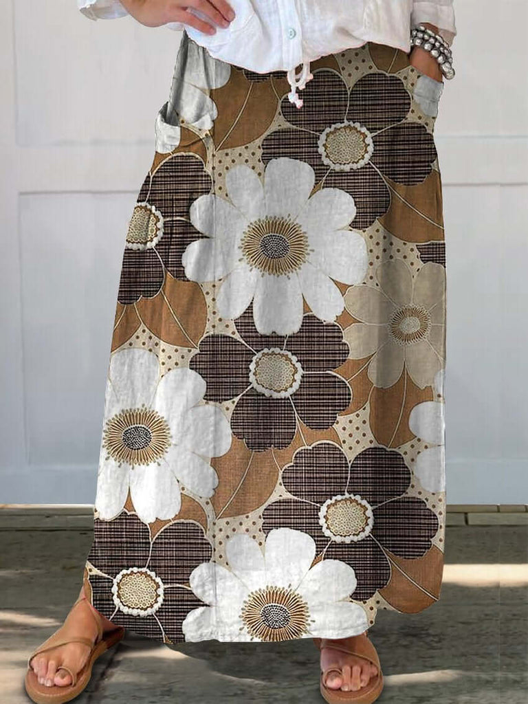 Countryside Patchwork Floral Pattern Printed Women's Linen Pocket Skirt-DESTINY