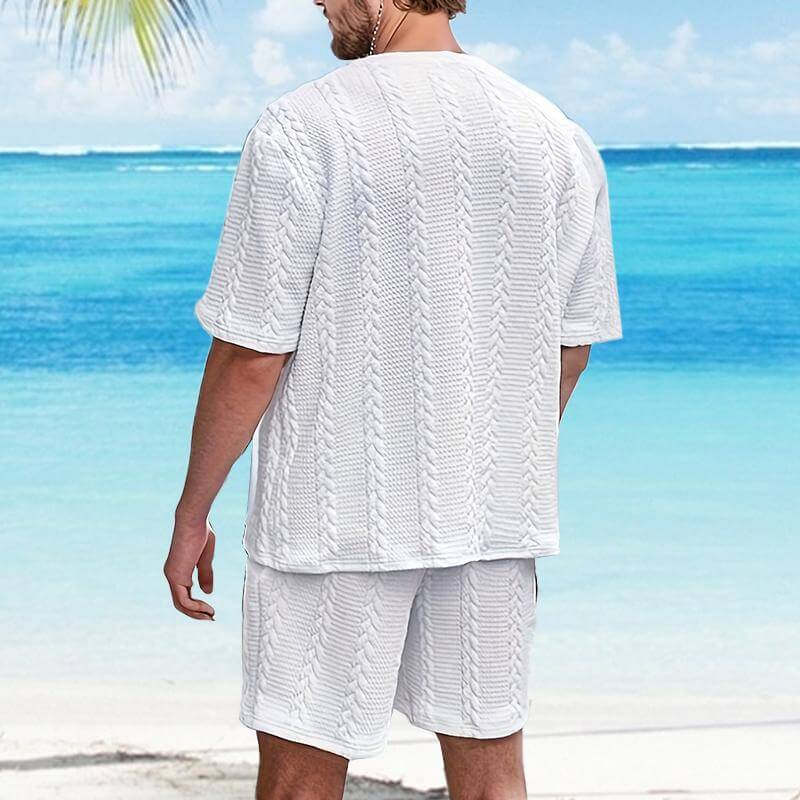 Men's 2 Pice Texture Solid Color Short Sleeve Top and Shorts Casual Sets 71127594YY-DESTINY