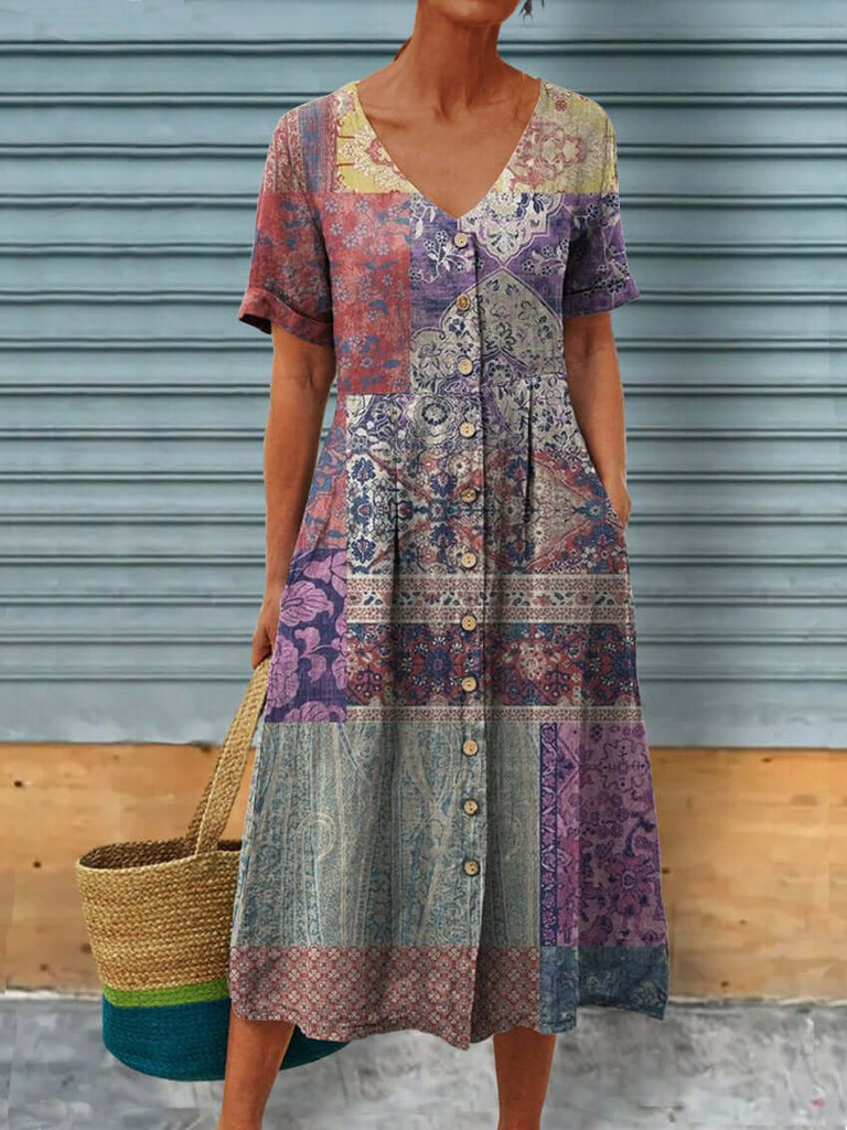 Women's Vintage Splicing Pattern Linen Pocket Tunic Dress-DESTINY