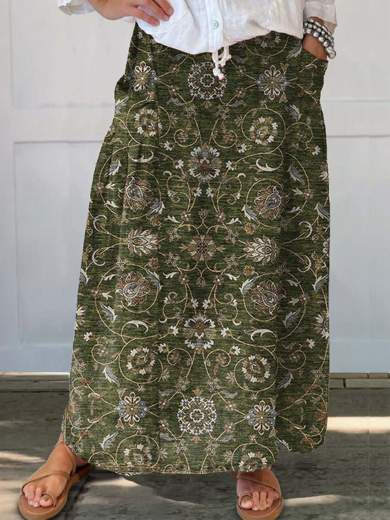 Women's Retro Art Print Linen Pocket Skirt-DESTINY