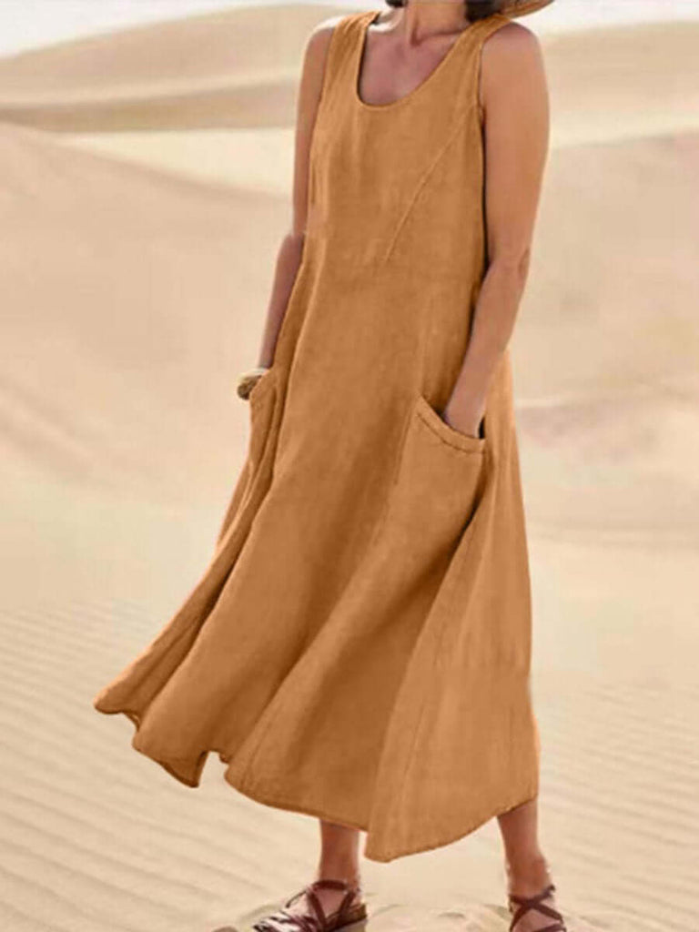Women Sleeveless Sundress Elegant Round Neck Cotton Linen-like Solid Long Tank Casual Summer Dress-DESTINY