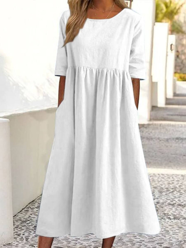 5-quarter Sleeve Casual Loose Solid Color Cotton and Linen Dress-DESTINY