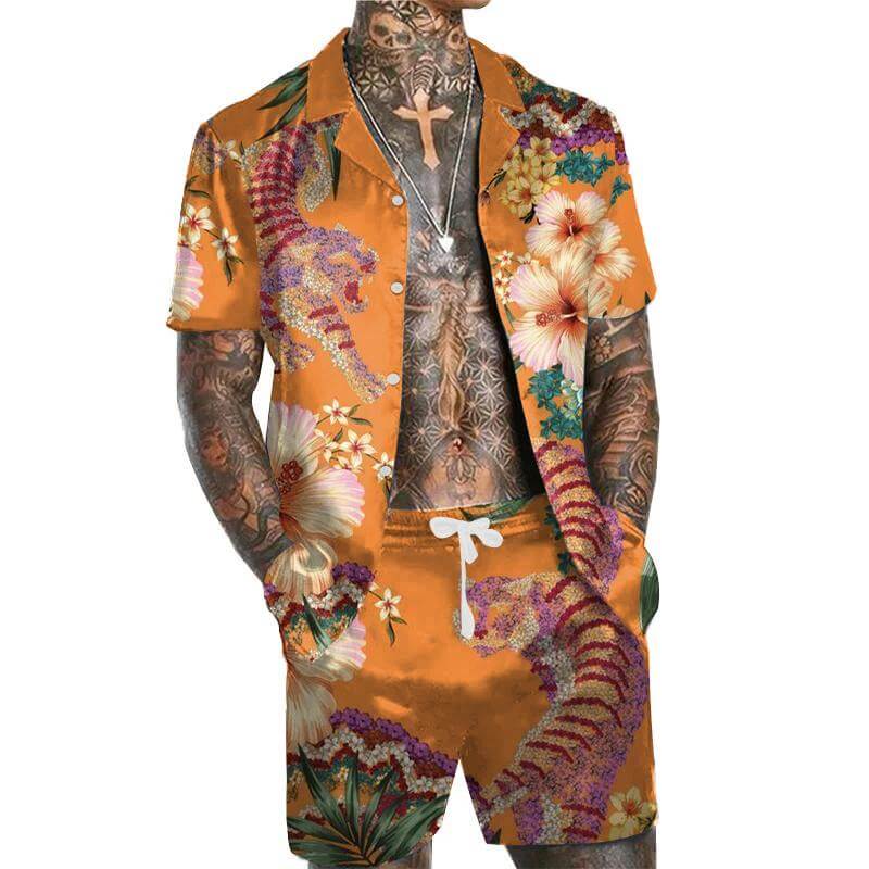 Men's Tiger And Flower Printing Hawaiian Set 26977902-DESTINY