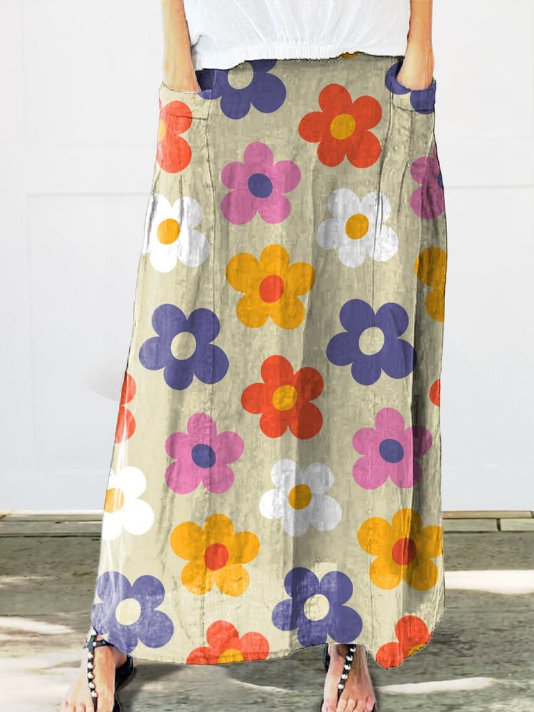 Cute Little Colored Flowers Print Women's Linen Pocket Skirt-DESTINY