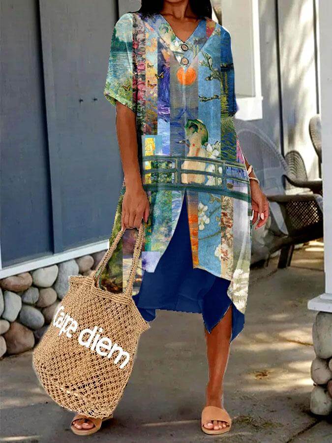 Women's Oil Painting Splicing Print Flowy Dress-DESTINY