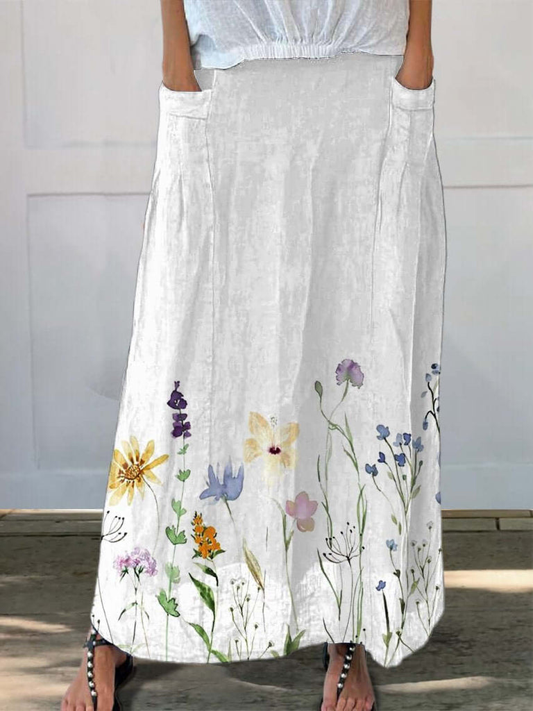 Watercolor Spring Meadows Art Printed Women's Linen Elastic waistband Pocket Skirt-DESTINY