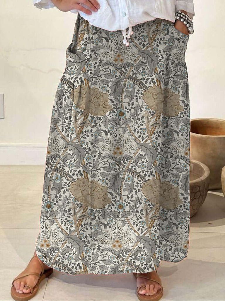Women's Floral Art Nouveau Linen Pocket Skirt-DESTINY