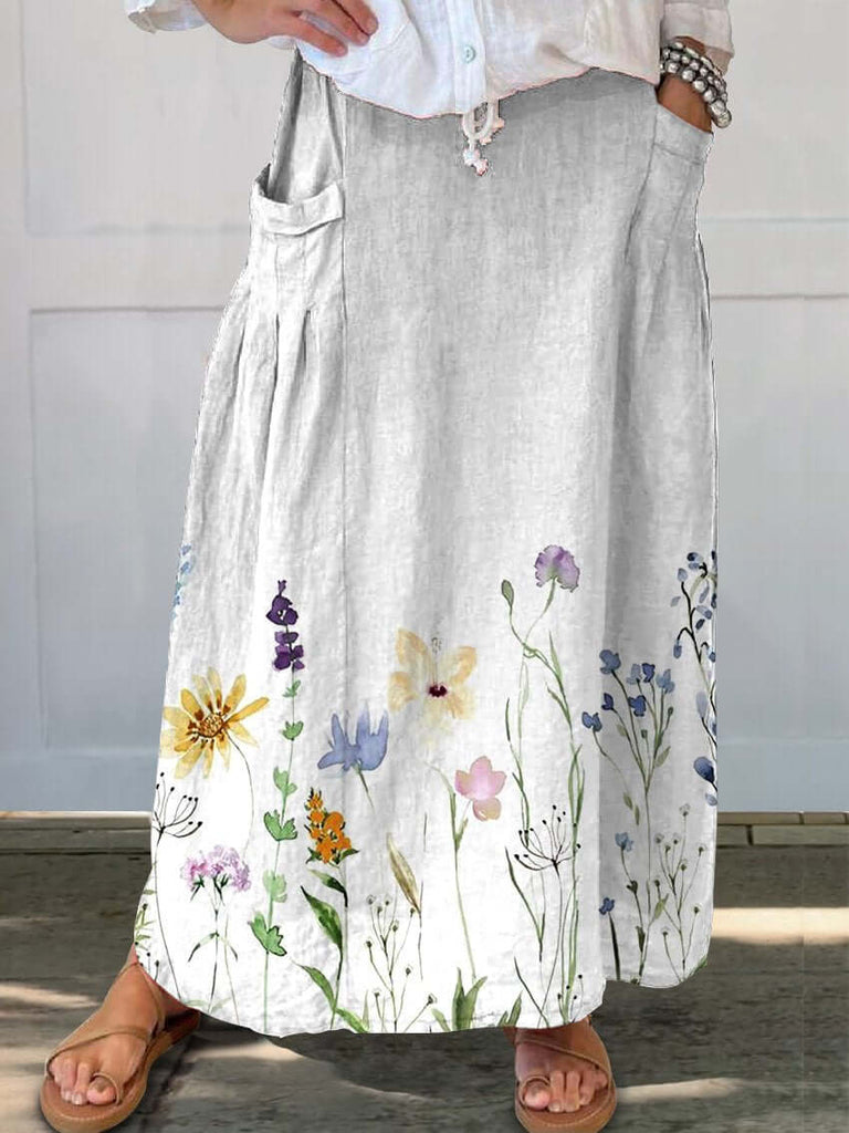 Watercolor Spring Meadows Art Printed Women's Linen Elastic waistband Pocket Skirt-DESTINY