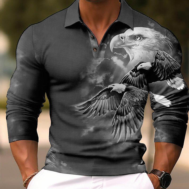 Men's Fashion Eagle 3d Printed Long Sleeve Polo Shirt 85156551YY-DESTINY