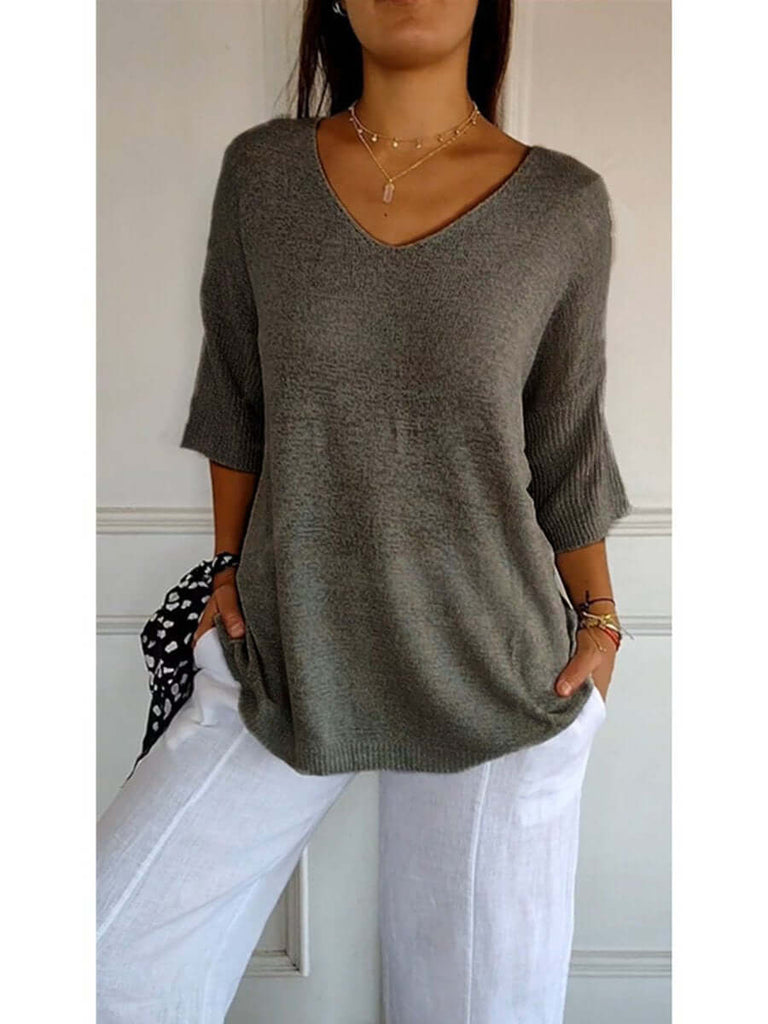 Women's Solid Color Knitted 3/4 Sleeve V-neck Top-DESTINY