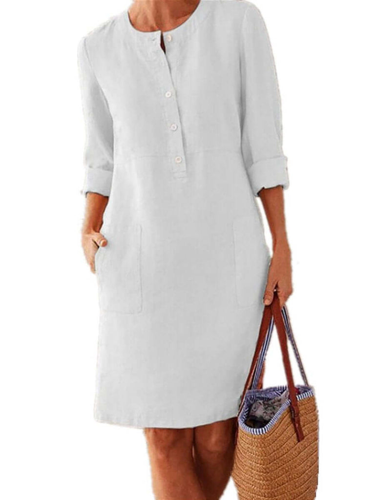 Spring Cotton And Linen Round Neck Long Sleeve Dress-DESTINY