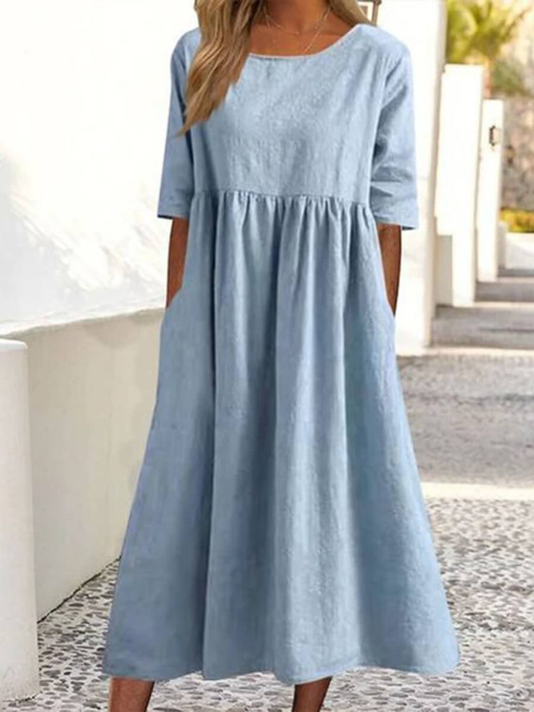 5-quarter Sleeve Casual Loose Solid Color Cotton and Linen Dress-DESTINY