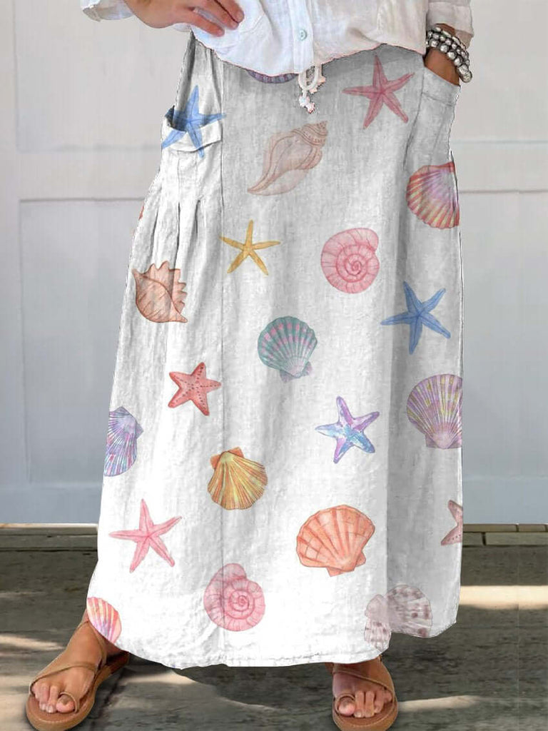 Summer Vibe Sea Shell Repeat Pattern Printed Women's Linen Pocket Skirt-DESTINY