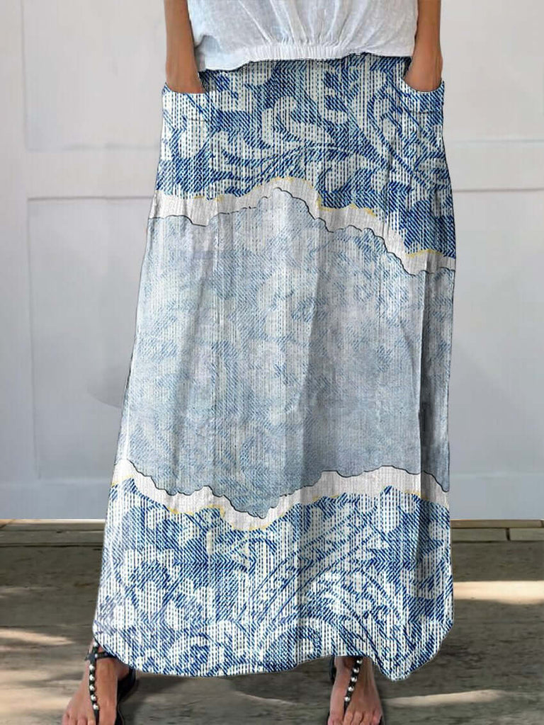 Women's Denim Texture Casual Print Linen Elastic waistband Pocket Skirt-DESTINY