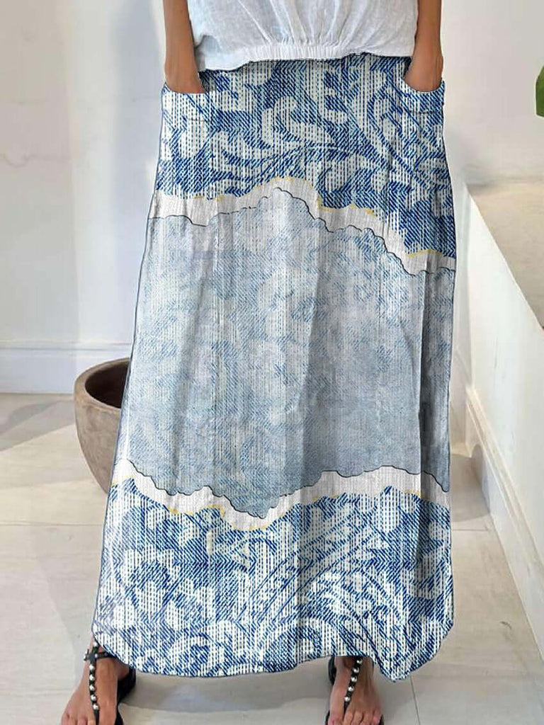 Women's Denim Texture Casual Print Linen Elastic waistband Pocket Skirt-DESTINY