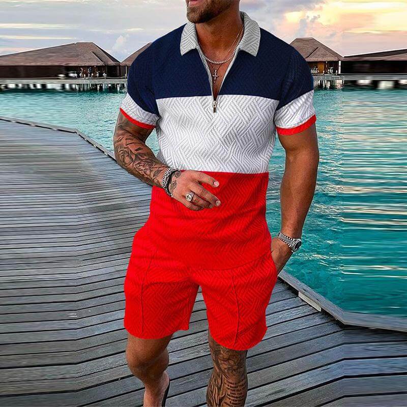 Men's 3D Printing POLO Shirt Lapel Zipper Short Sleeve + Casual Pants Set 12223148YM-DESTINY
