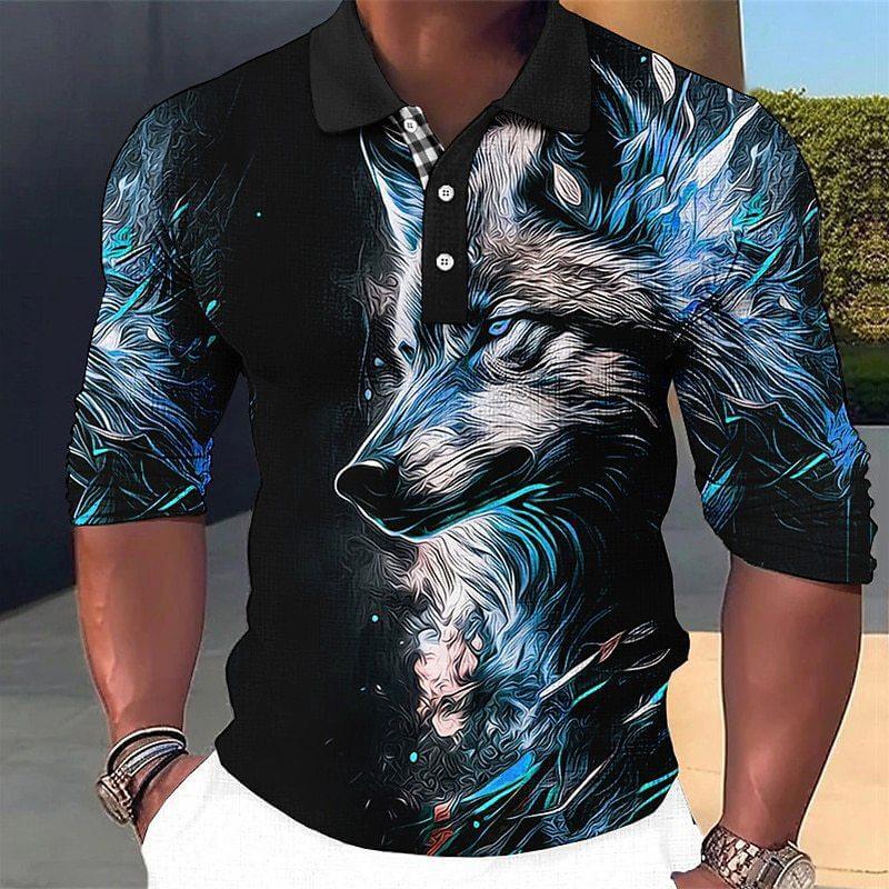 Men's Fashion Wolf 3d Printed Long Sleeve Polo Shirt 75661880YY-DESTINY