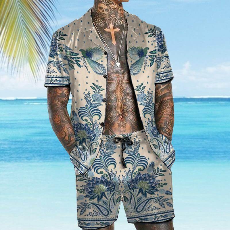 MEN'S CASUAL LOOSE SHIRT SHORTS SUIT 72172919YM-DESTINY