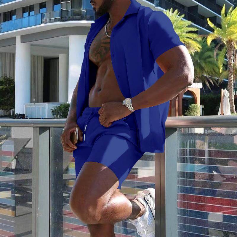 Men's Summer Lapel Short-sleeved Shorts Two-piece Casual Set 78027599L-DESTINY