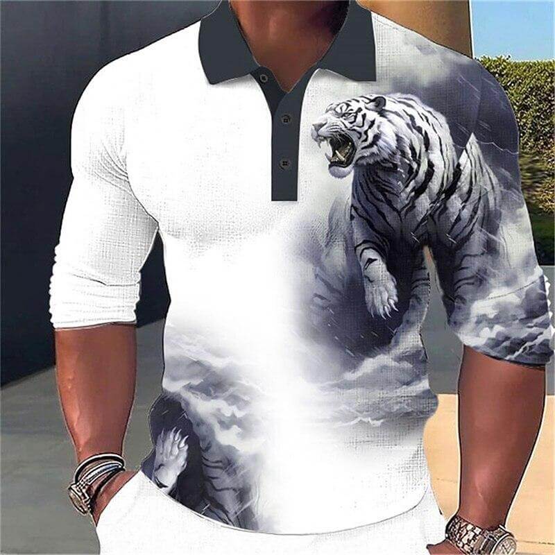 Men's Fashion Tiger 3d Printed Long Sleeve Polo Shirt 52588497YY-DESTINY