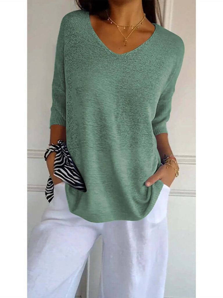 Women's Solid Color Knitted 3/4 Sleeve V-neck Top-DESTINY