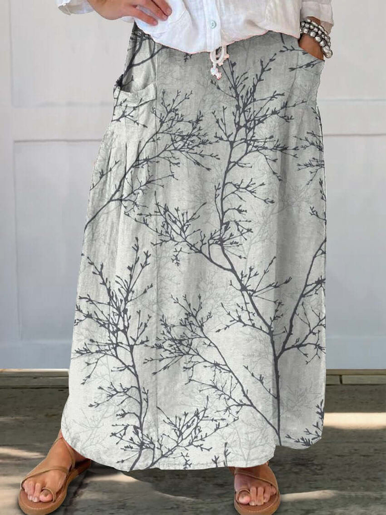 Women's Temperament Twig Pattern Print Linen Pocket Skirt-DESTINY