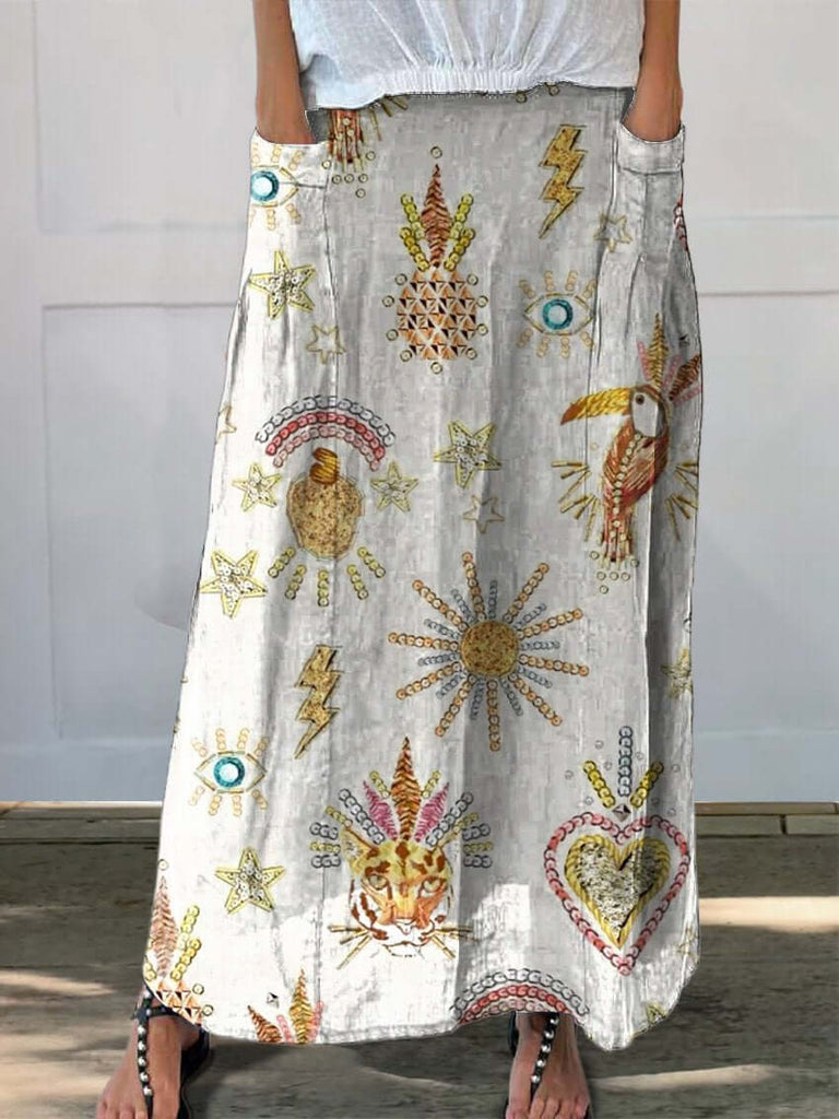 Embroidery Effect Tropical Summer Pattern Printed Women's Linen Pocket Skirt-DESTINY
