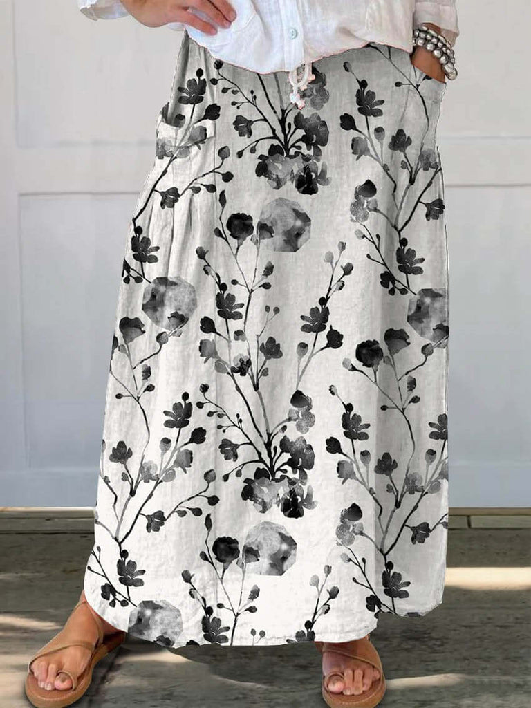 Women's Floral Flowers Casual Print Linen Pocket Skirt-DESTINY