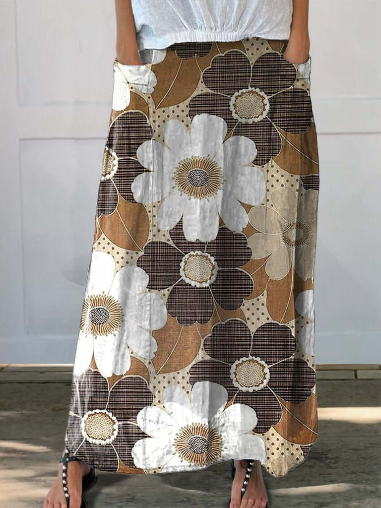 Countryside Patchwork Floral Pattern Printed Women's Linen Pocket Skirt-DESTINY