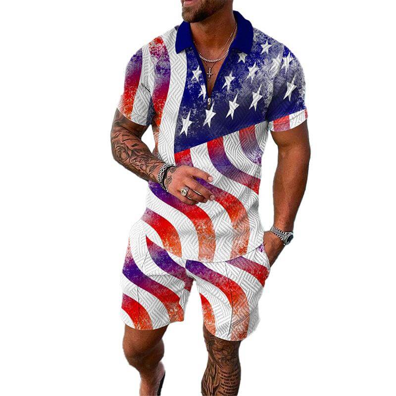 Men's 3D Printing POLO Shirt Lapel Zipper Short Sleeve + Casual Pants Set 12223148YM-DESTINY