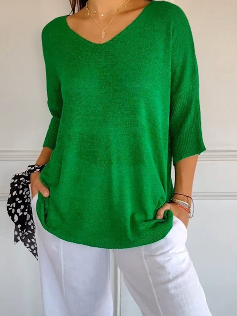 Women's Solid Color Knitted 3/4 Sleeve V-neck Top-DESTINY