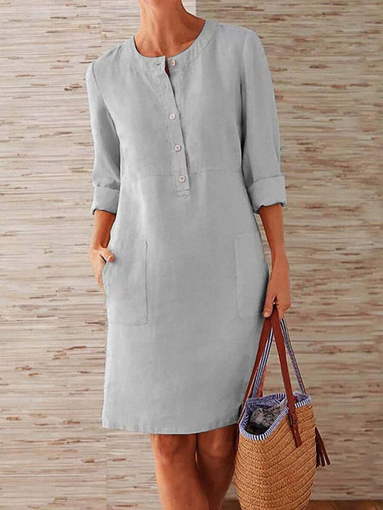 Spring Cotton And Linen Round Neck Long Sleeve Dress-DESTINY