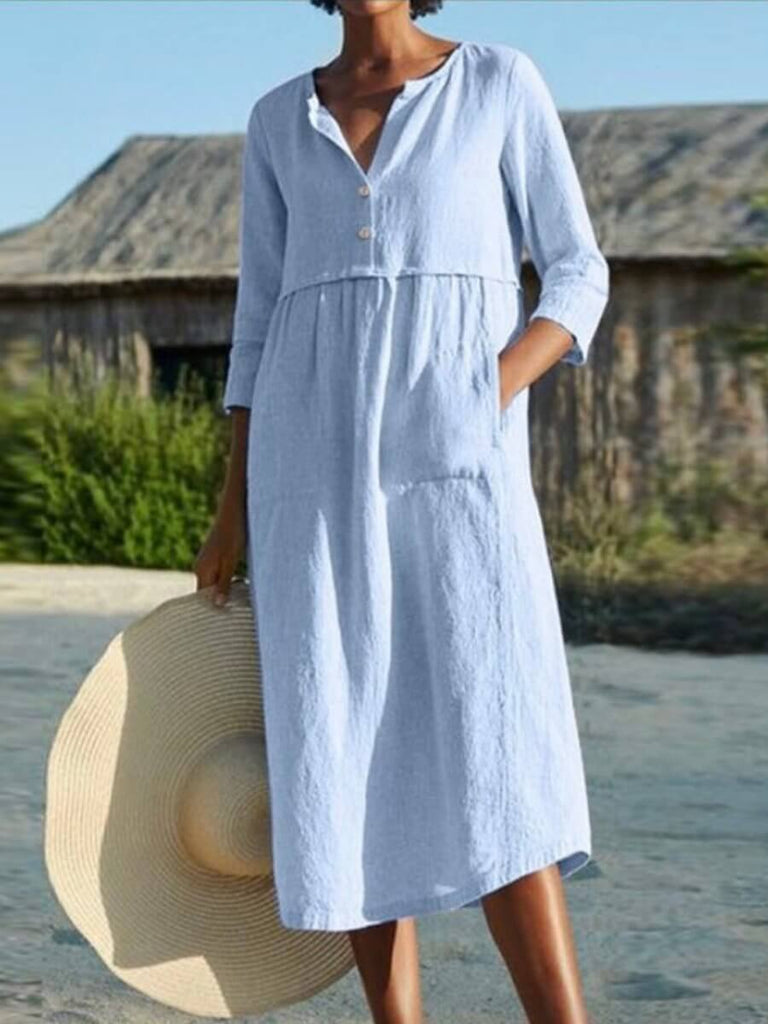 Cotton and Linen Mid-sleeve Dress-DESTINY