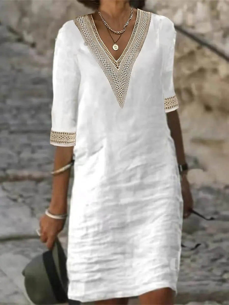 V-neck Mid-sleeved Cotton and Linen-like Casual Dress-DESTINY