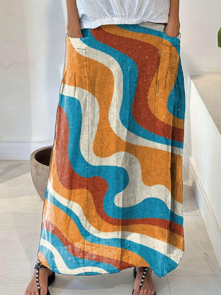 Women's Simple Color Splicing Casual Print Linen Pocket Skirt-DESTINY