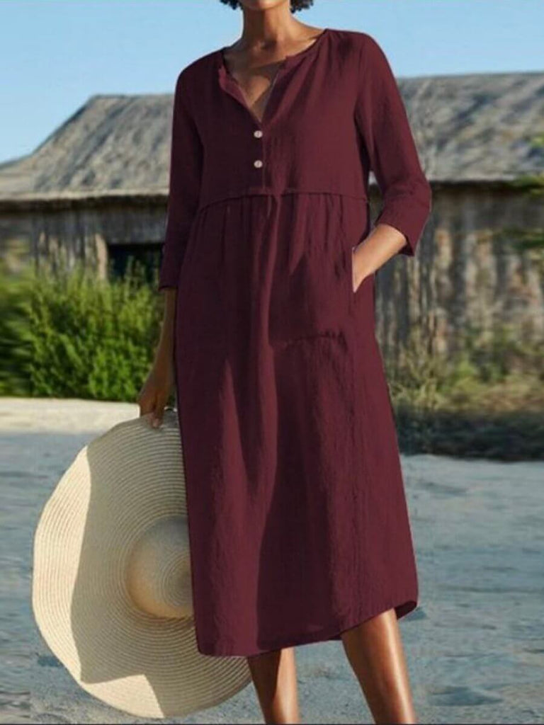 Cotton and Linen Mid-sleeve Dress-DESTINY