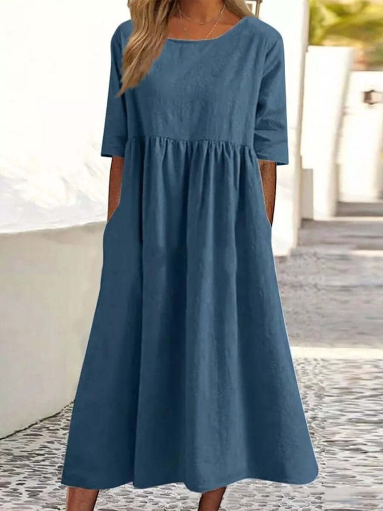 Cotton And Linen-like - Casual Short Sleeve Pocket Pleated Loose Round Neck Dress-DESTINY