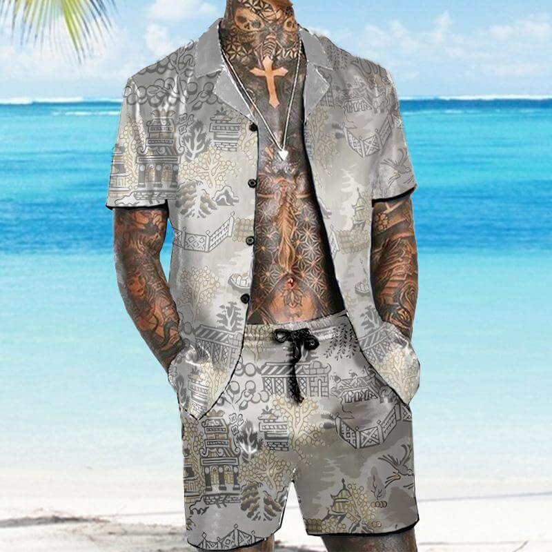 MEN'S HAWAIIAN SHORT SLEEVE SHIRT SHORT SET 01858146YM-DESTINY