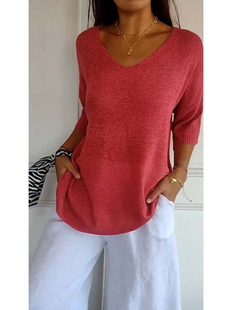 Women's Solid Color Knitted 3/4 Sleeve V-neck Top-DESTINY