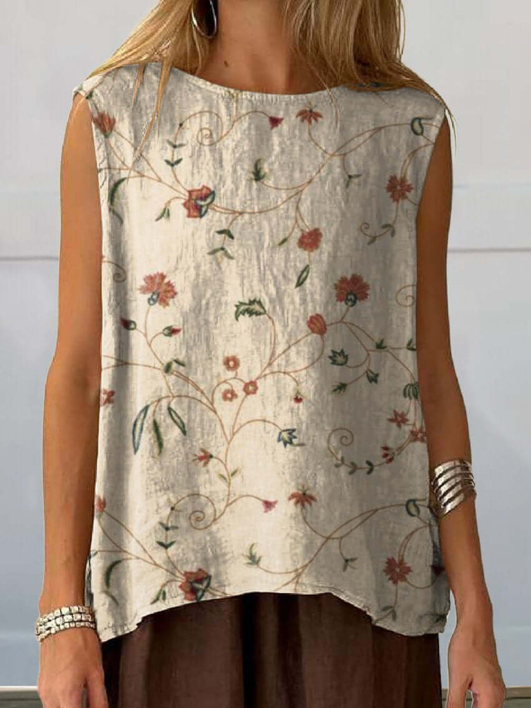 Women's Retro Floral Art Print Casual Cotton And Linen Tank Top-DESTINY